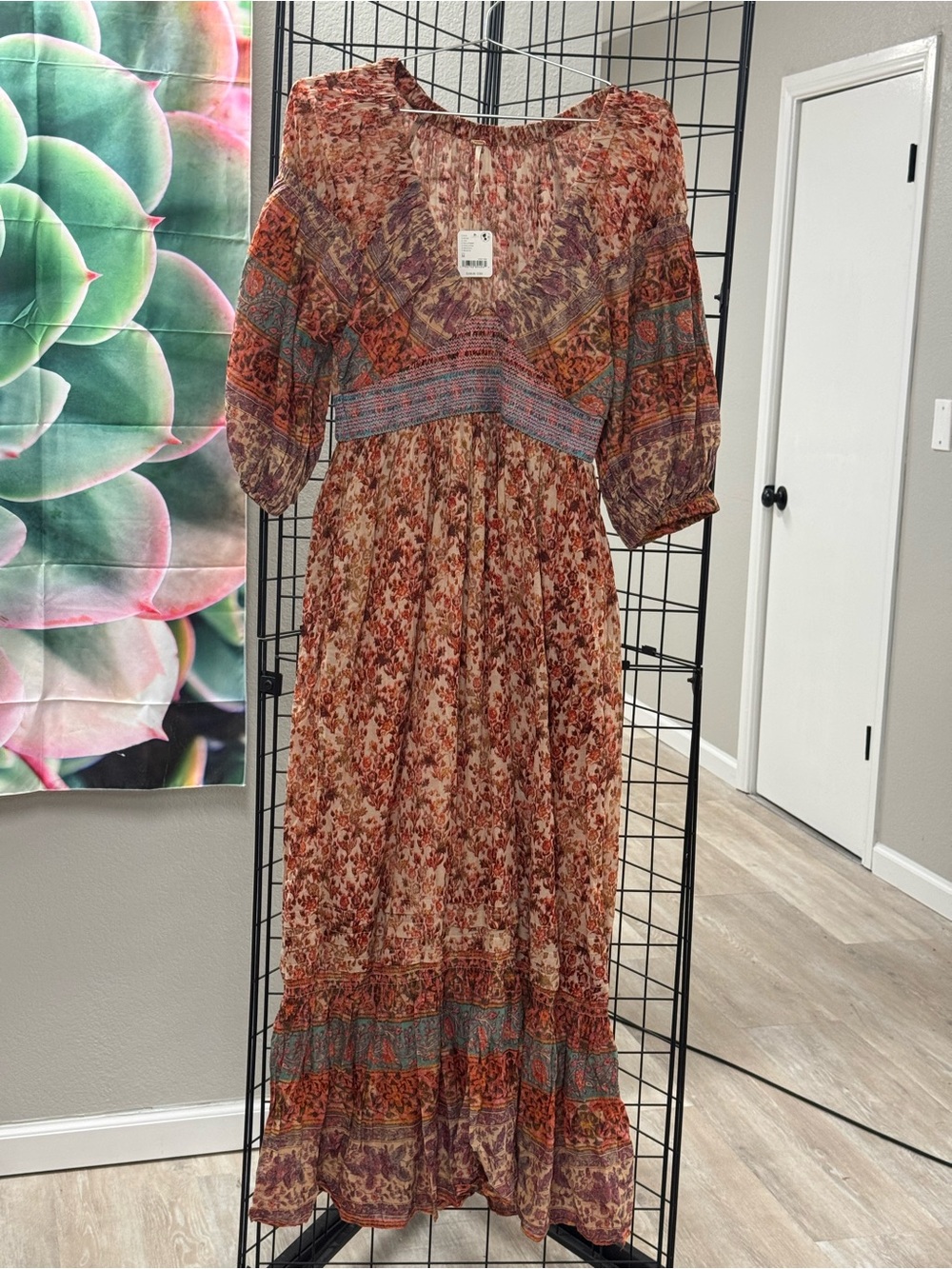 Free People Rust Multi Boho Midi Dress size M Pit 19, L 56 NWT MSRP $168